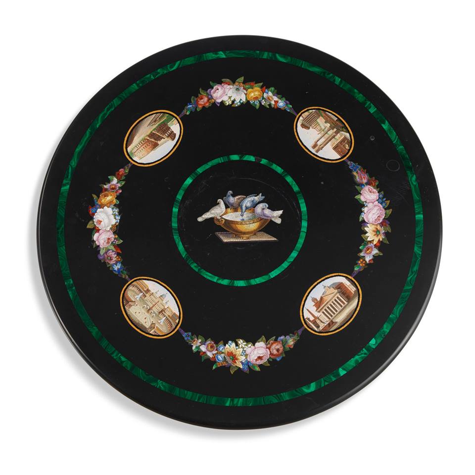 義大利微型馬賽克和孔雀石鑲崁黑色大理石桌面 (經典Doves of Pliny圖型)