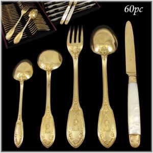 法國Robert Linzeler古董手工純銀鍍金餐具60件組(12人份)