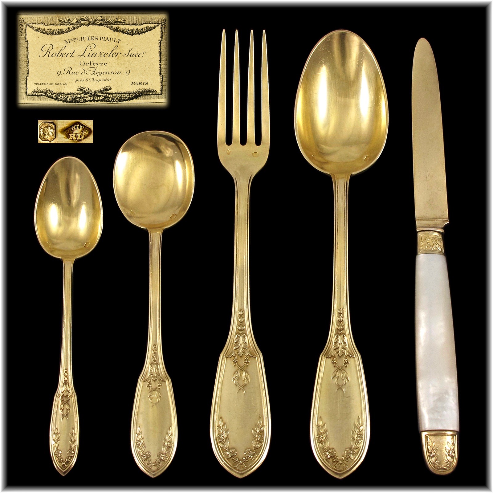 法國Robert Linzeler古董手工純銀鍍金餐具60件組(12人份):圖片 6