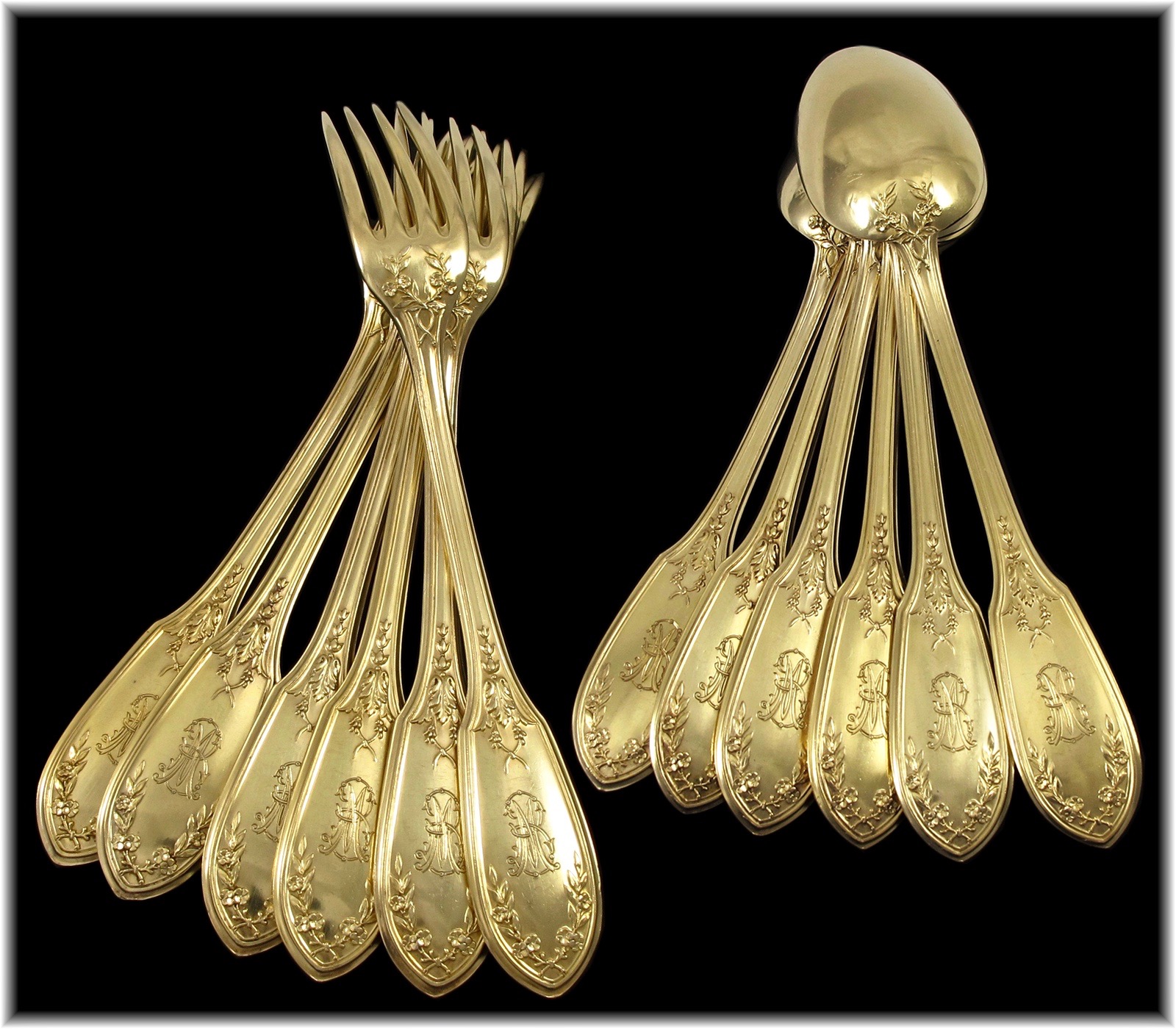 法國Robert Linzeler古董手工純銀鍍金餐具60件組(12人份):圖片 5