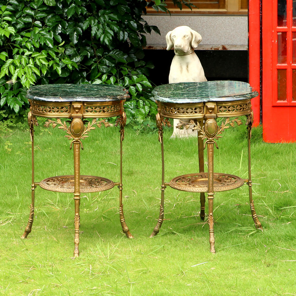 貴族訂製路易十五風格大理石葉型全銅鏤空邊桌(一對)