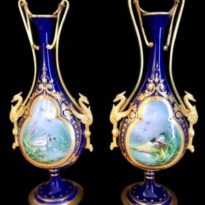 Sèvres賽佛爾蛇頸琺瑯珠點鎏金鳳凰花器一對