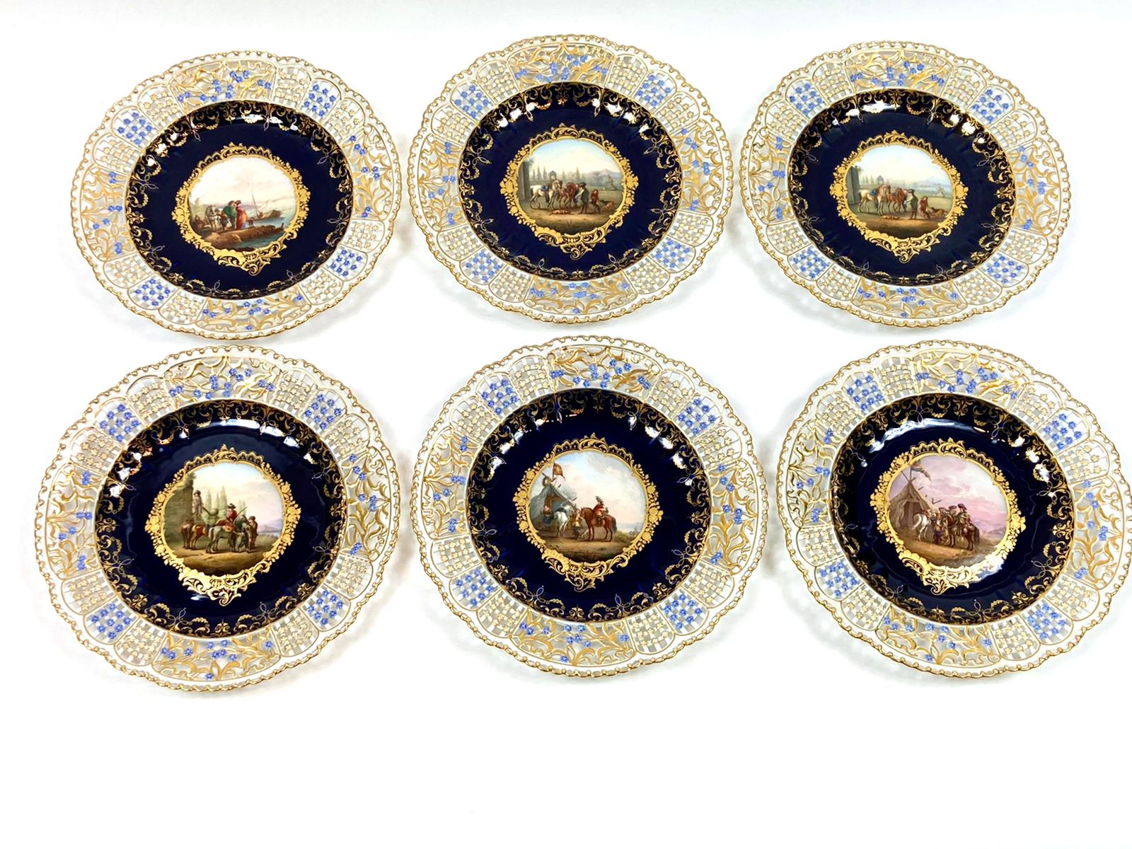 德國麥森窯廠全手繪鏤空瓷盤一組六片