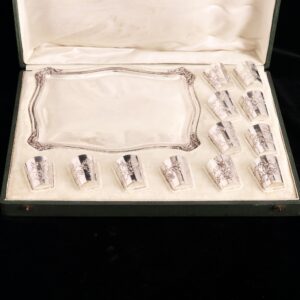 法國新藝術風格950純銀鍍金烈酒杯及托盤組