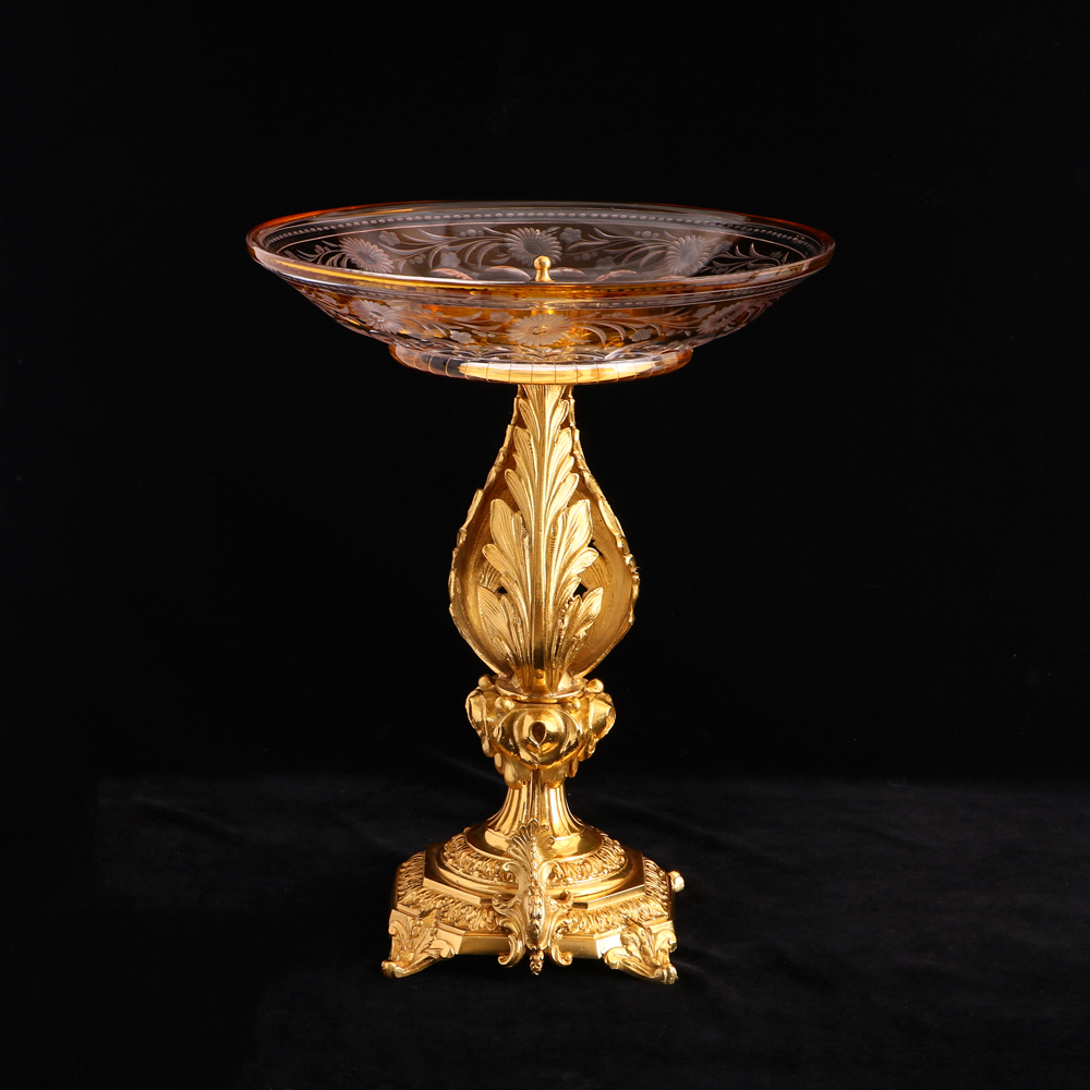法國銅鍍金琥珀色刻花水晶高果盤- ANNSONS 安森國際歐洲古董
