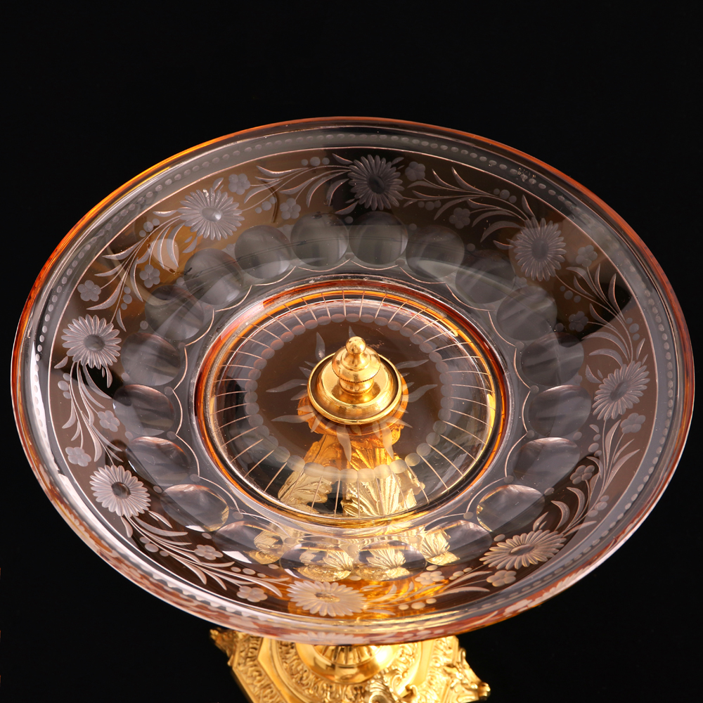 法國銅鍍金琥珀色刻花水晶高果盤- ANNSONS 安森國際歐洲古董