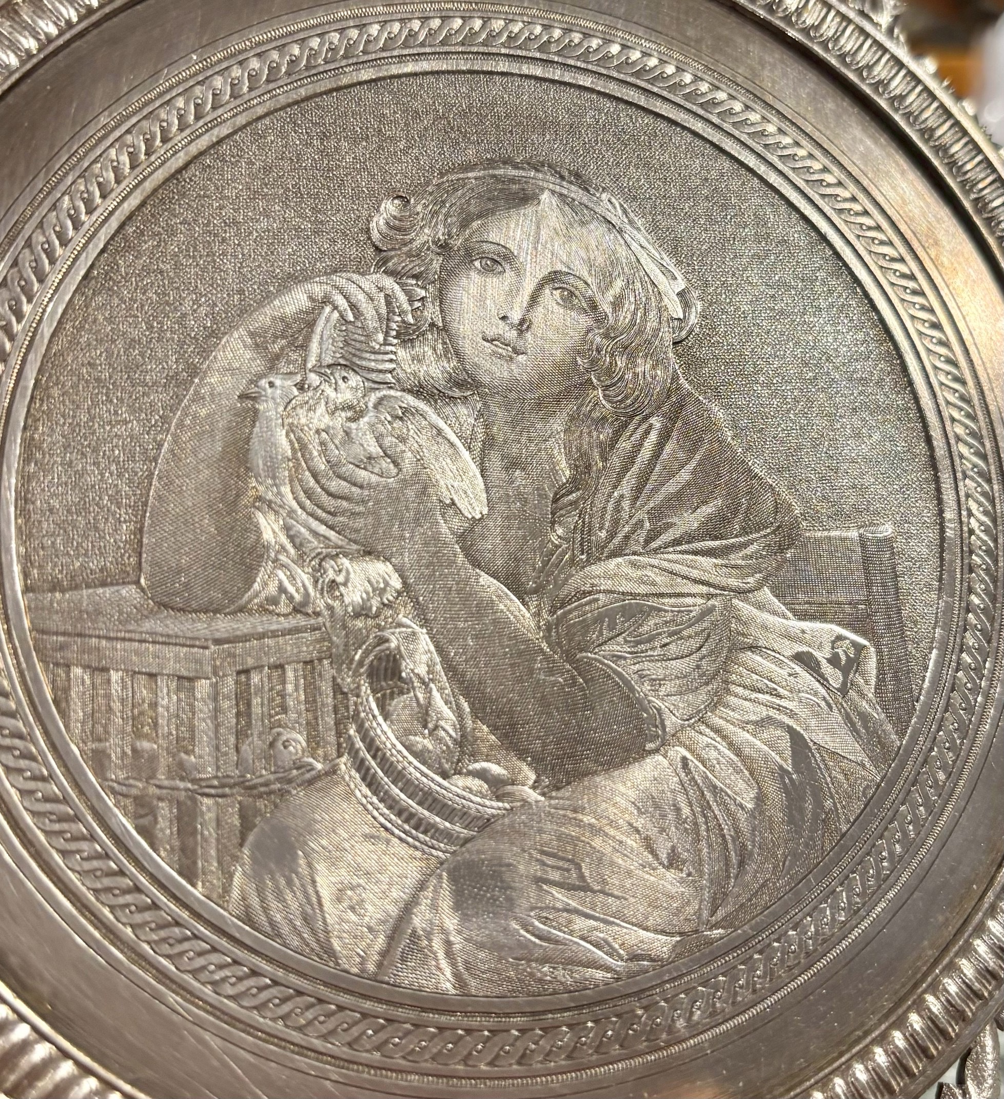 德國大師畫作浮雕700/1000銀復興風格手拿鏡